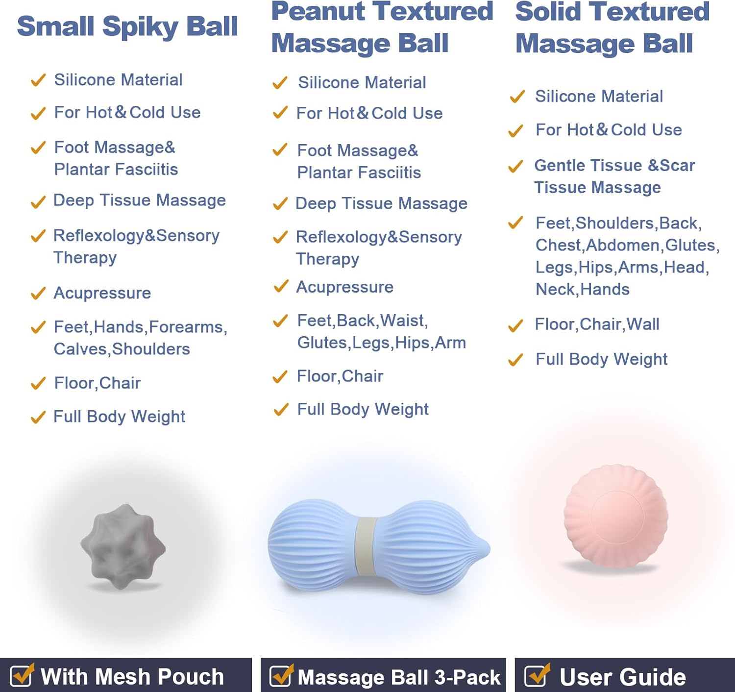 Silicone 3-Piece Massage Ball Set - Peanut, Textured and Spiky Lacrosse Balls to Relieve Tension,Muscle Knots & Plantar Fasciitis with Deep Tissue Release for Foot,Back,Hip,Arm & Legs