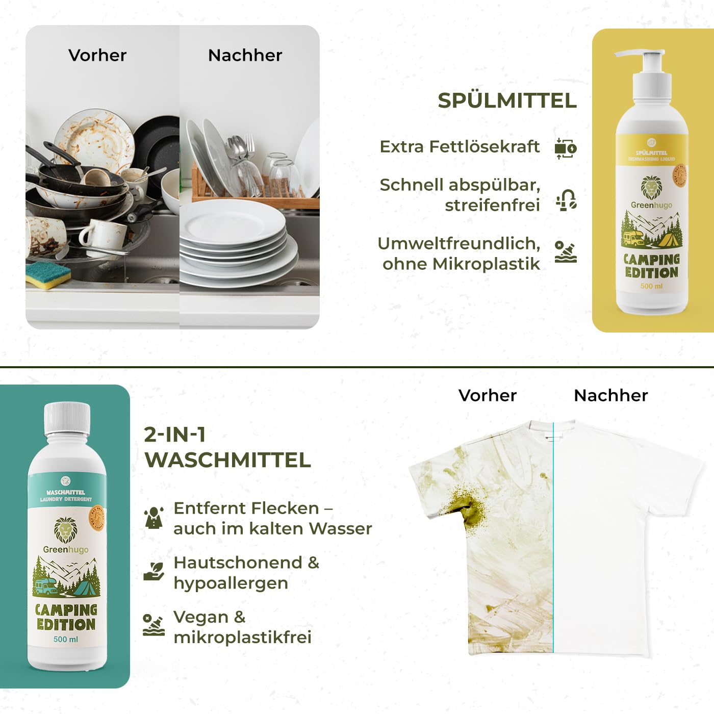Camping Box – Juego de limpieza premium, 8 piezas, ecológico y vegano, uso general, detergente, limpiador de baño y aseo, detergente, limpiador de barbacoa, idea de regalo para campistas y