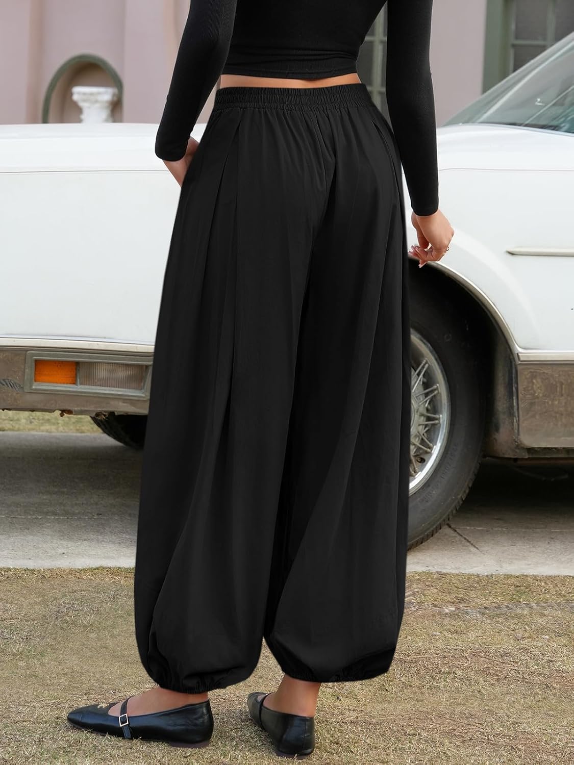 Fisoew Womens Wide Leg Balloon Pants Casual Barrel Elastic Waist Pleated Baggy Workout Sweat Pants with Pockets