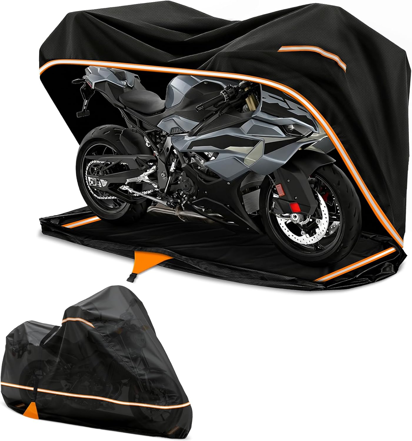 Full Enclosed Motorcycle Cover, 600D Heavy Duty Waterproof Motorcycle Cover 108 Inch, Fits for Harley Honda Yamaha Suzuki Scooter, Dirtbike, Cruiser, Touring Models, Black