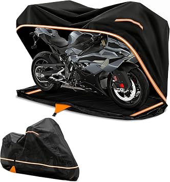Full Enclosed Motorcycle Cover, 600D Heavy Duty Waterproof Motorcycle Cover 108 Inch, Fits for Harley Honda Yamaha Suzuki Scooter, Dirtbike, Cruiser, Touring Models, Black