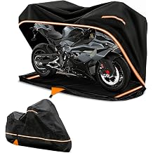 Full Enclosed Motorcycle Cover, 600D Heavy Duty Waterproof Motorcycle Cover 108 Inch, Fits for Harley Honda Yamaha Suzuki Scooter, Dirtbike, Cruiser, Touring Models, Black
