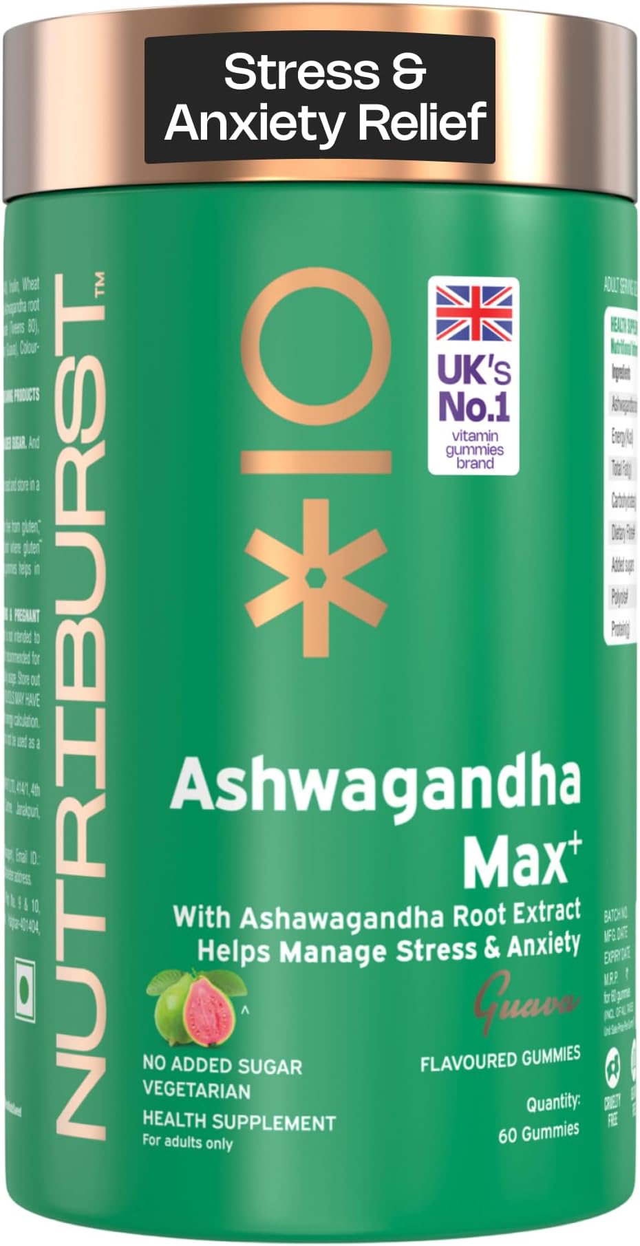 Nutriburst Ashwagandha Max 500mg Gummies for Stress & Anxiety Relief | Boosts Energy, Stamina & Vitality | Helps Relax Mind & Body | Sugar Free | Guava Flavour | 60 Gummies