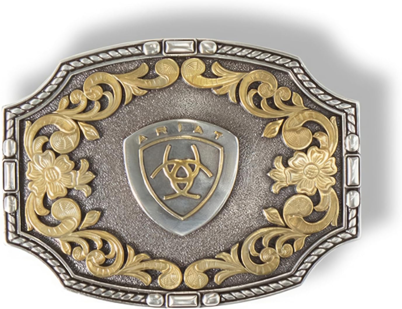 ARIAT Rectangle Buckle with Emblem, Antique Silver Rope Edge and Gold Floral Accents, 3" x 4"