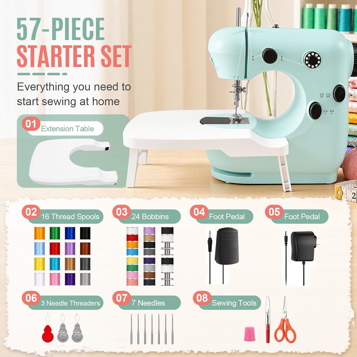 Sewing Machine for Beginners, Portable Mini Sewing Machine with 57-Piece Kit, 2-Speed Electric Sewing Machine with Foot Pedal & Extension Table for DIY Crafts, Home Sewing and Clothing Repairs