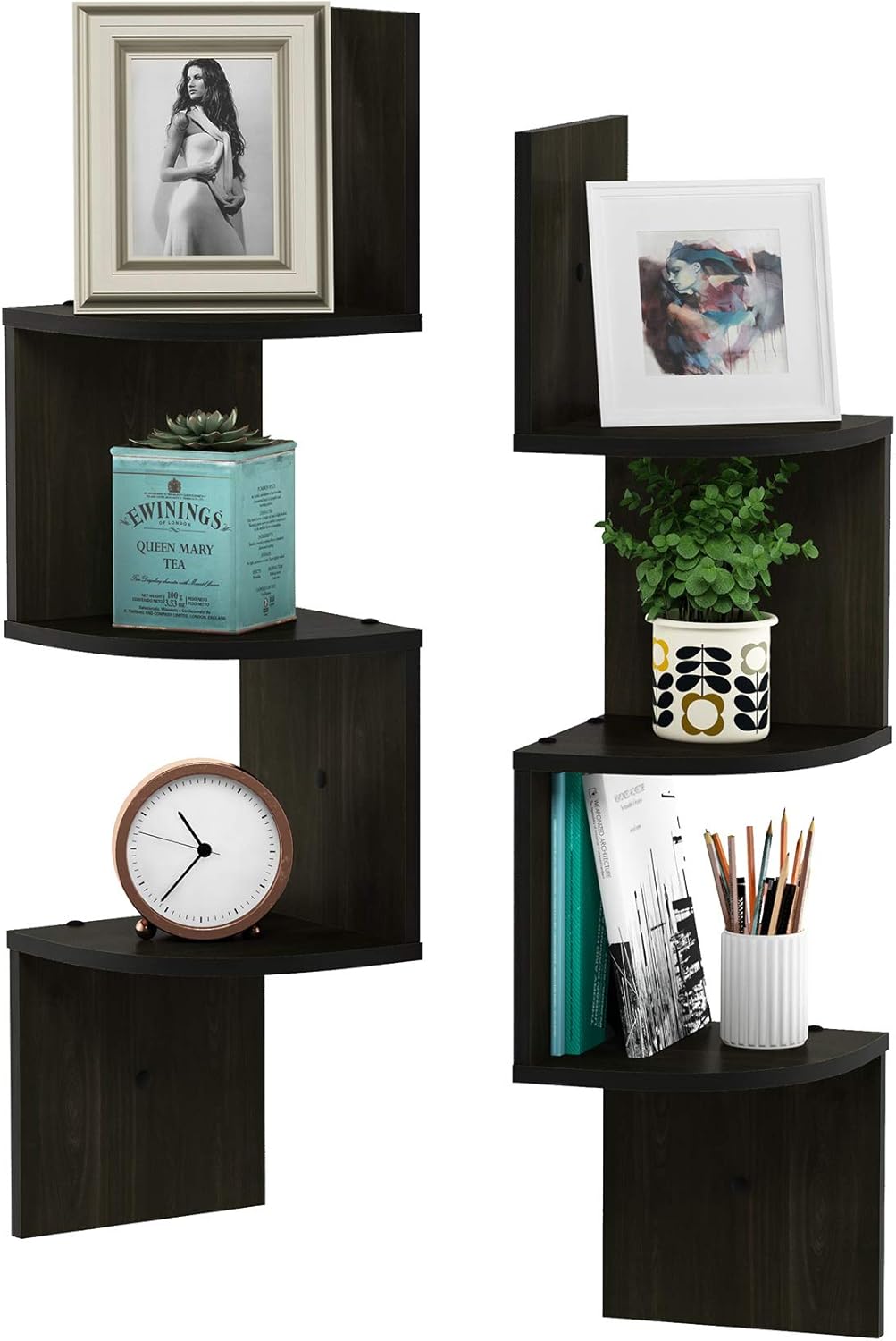 Furinno Rossi Wall Mount Floating Corner Shelf, 3-Tier Radial Set of 2, Espresso