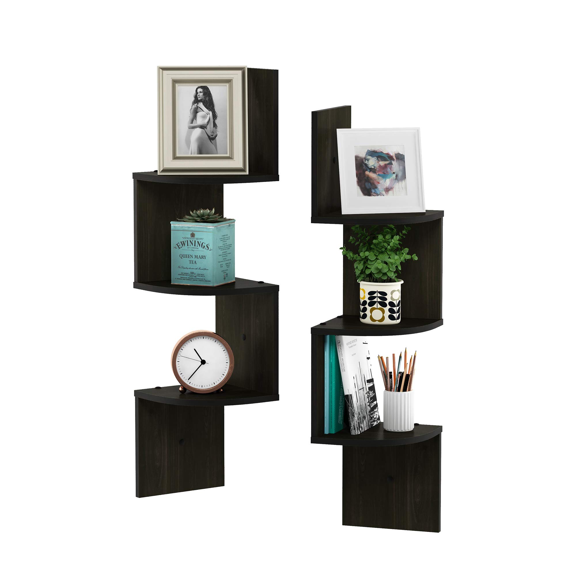 Furinno Rossi Wall Mount Floating Corner Shelf, 3-Tier Radial Set of 2, Espresso