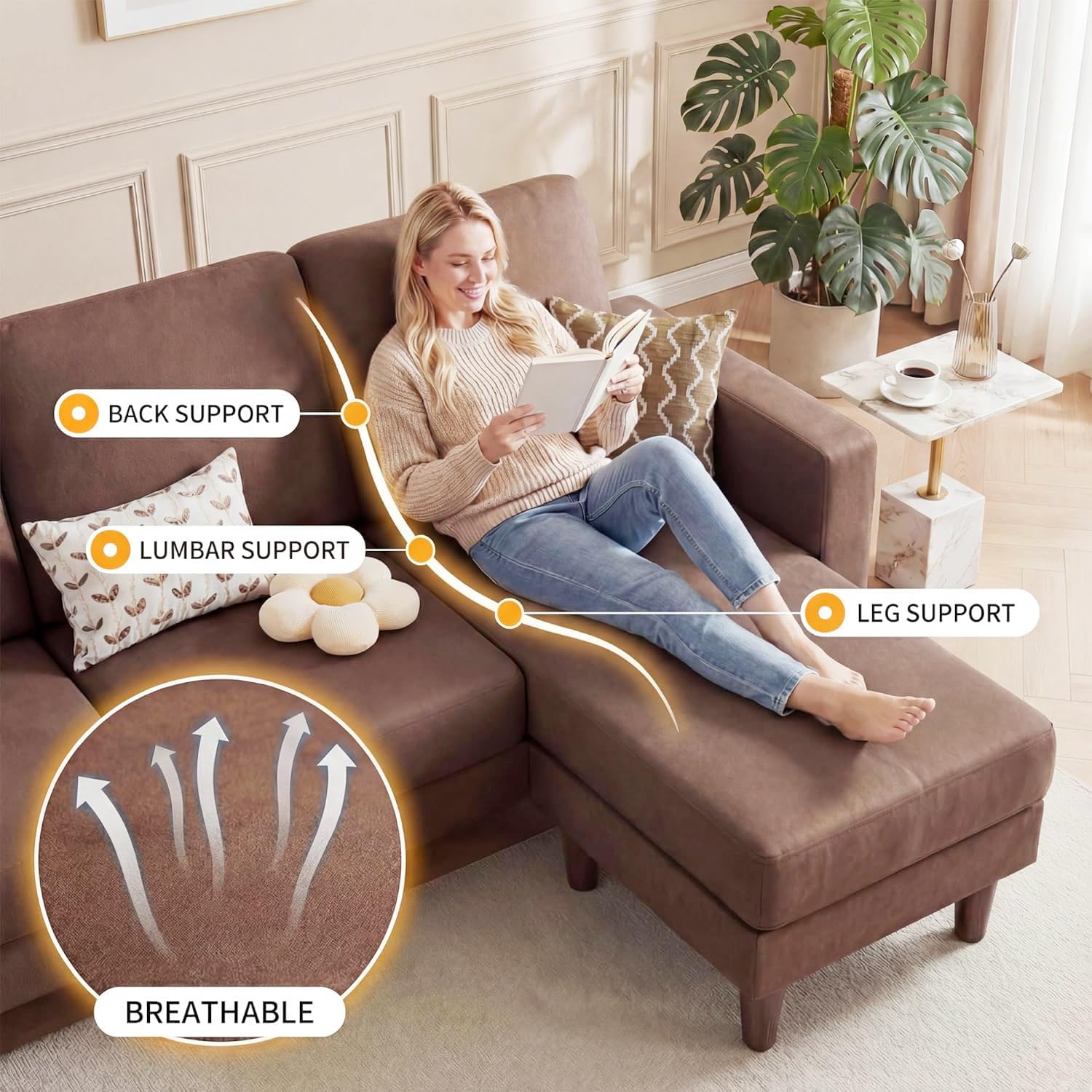 Homall 3 Seat Couch L Shape Sofa with Side Storage Pockage, Sectional Couches with Reversible Ottoma, Upholstered Sofa for Living Room and Small Spaces (Linen Fabric, Coffee Brown)