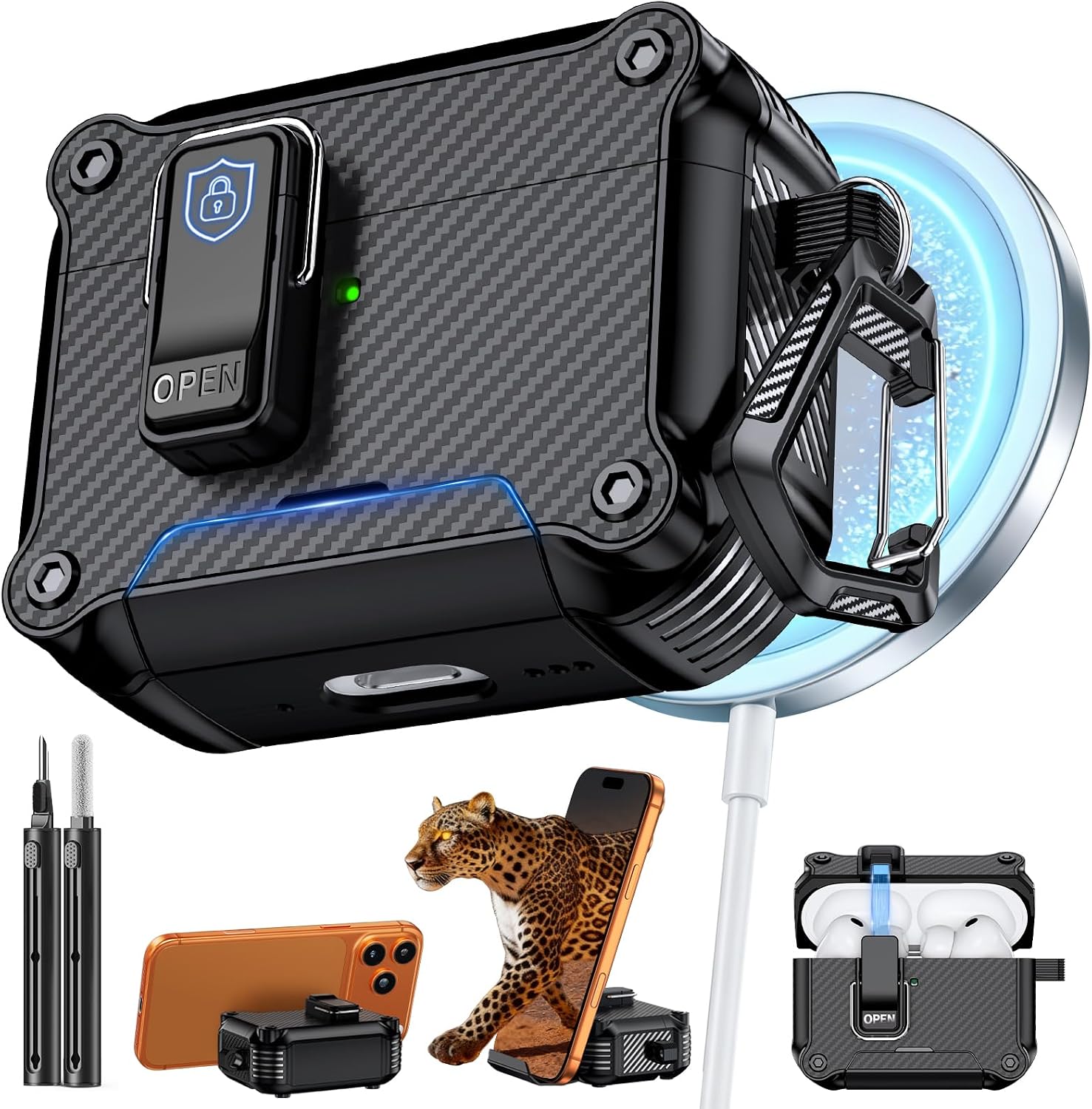 Inesore for AirPods Pro 3 Case with Secure Lock (Black) | Phone Stand Design,Compatible with MagSafe,Automatic Snap Switch Secure Cover Carbon Fiber Texture with Cleaner Kit
