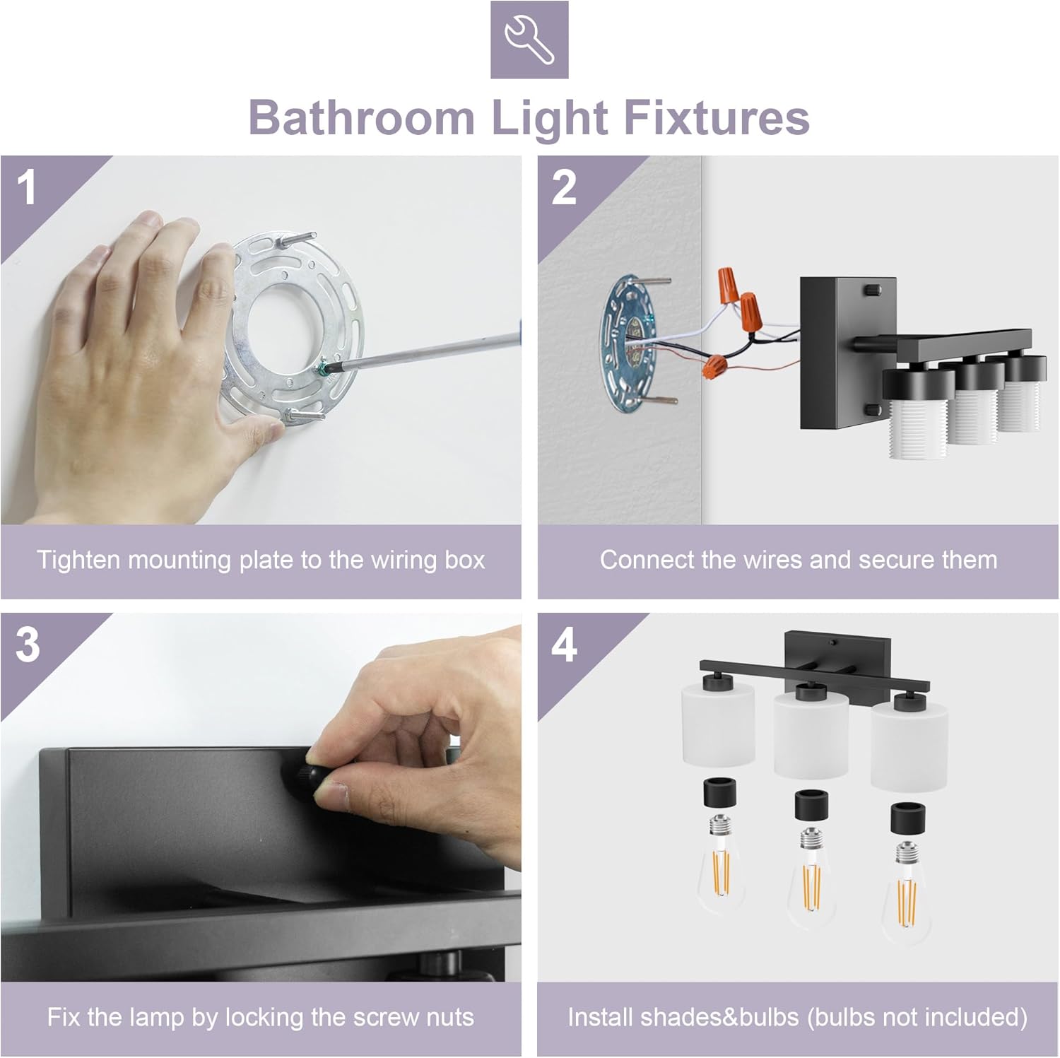 Honesorn Bathroom Light Fixtures Black, 3-Light Bathroom Vanity Light Over Mirror, Modern Vanity Lights for Bath Room with Frosted Shade & Anti-Rust Nickel Finished, E26 Base Lighting