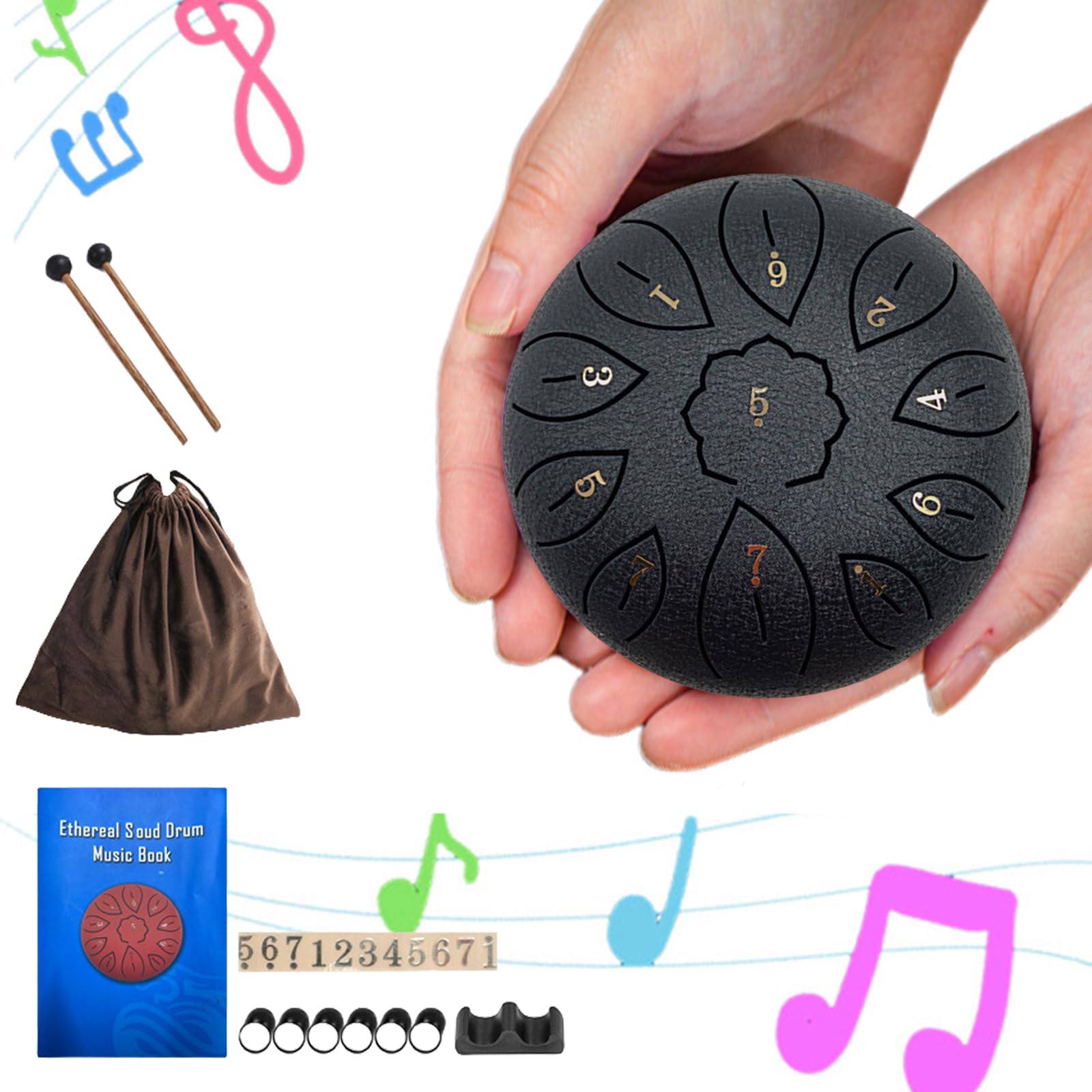 Duży stalowy bębenek na język pandy, 15 cm, dźwięk C-dur, z akcesoriami, instrukcją, torbą, stojakiem, muzyczne instrumenty edukacyjne