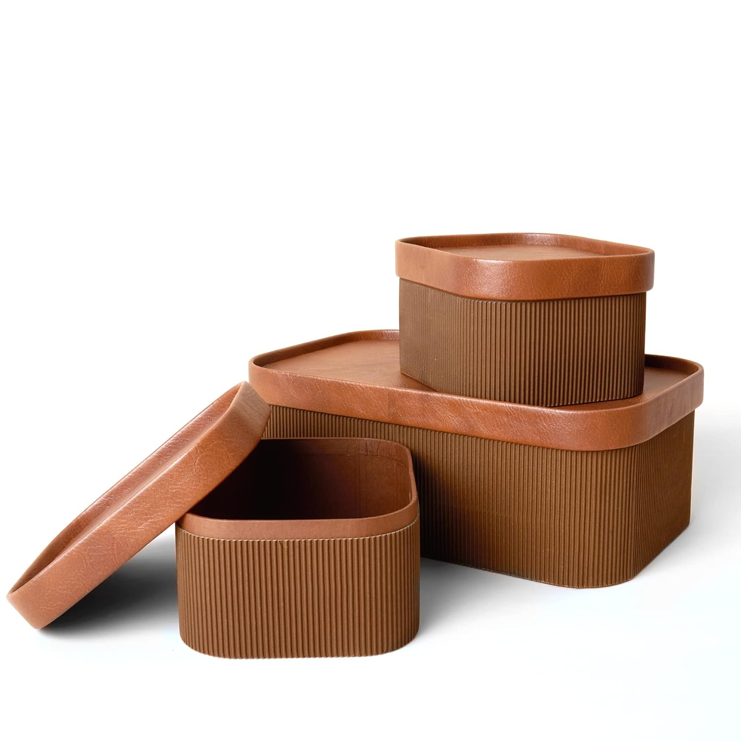 LA JOLIE MUSE Fluted Cardboard Storage Baskets with Leather-Like Lids Sturdy Stackable Paper Boxes Decorative Tray Chocolate Brown