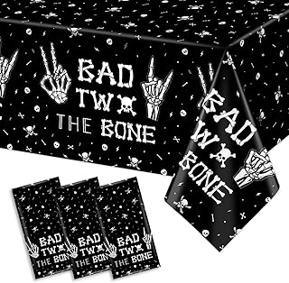 Vanulus 3Pcs Black Bad Two The Bone Disposable Waterproof Table Cloths Rock and Roll 2nd Birthday Table Covers 54x108IN for Kids Music Theme Birthday Party Decorations