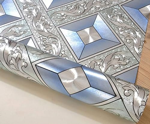 Miniatura 4 de Q QIHANG DAWEI - Papel tapiz decorativo para habitación de KTV, mosaico plateado, diseño de rombos y rombos, color azul plateado, 1.73 pies de ancho