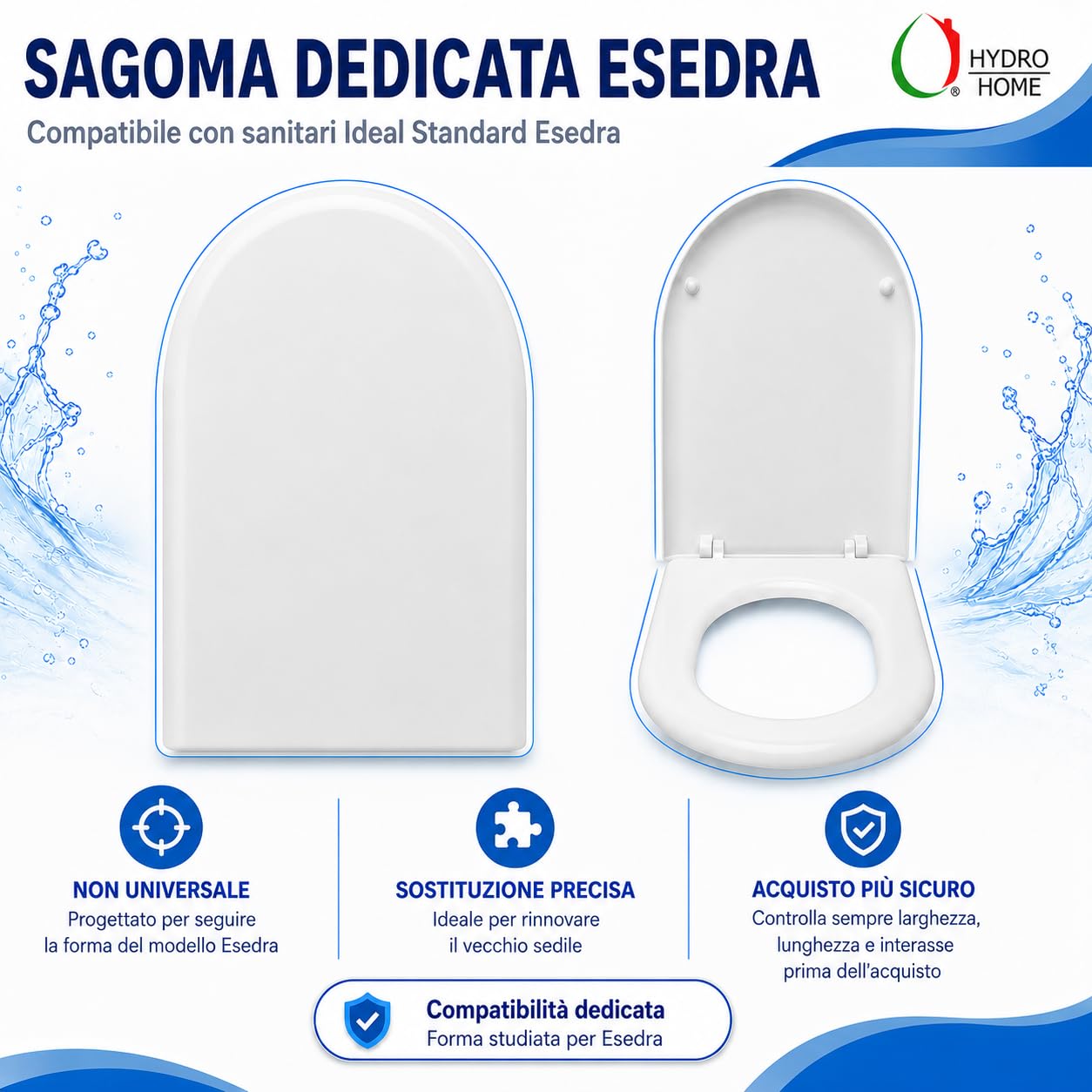 HYDRO HOME Copriwater Compatibile Esedra Ideal Standard Soft Close per Fori Ciechi, Sedile WC Termoindurente Bianco, Tavoletta Avvolgente con Cerniere Regolabili, Ricambio Bagno