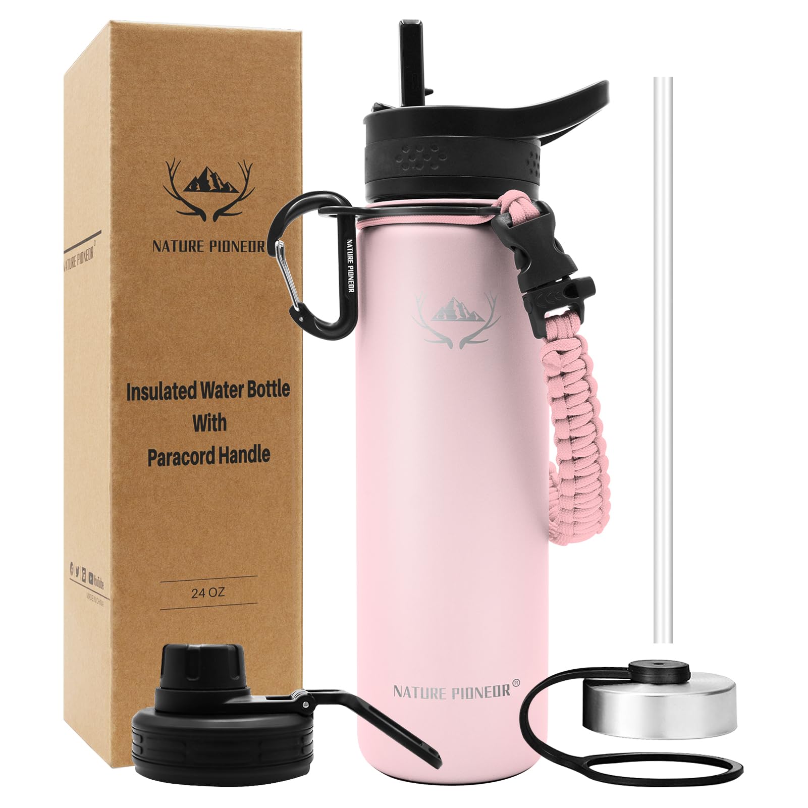 NATURE PIONEOR Insulated Water Bottles with Paracord Handle - 24 oz Vacuum Sports Wide Mouth Water Bottle with 3 Lids, Leak Proof Stainless Steel Keeps Hot and Cold