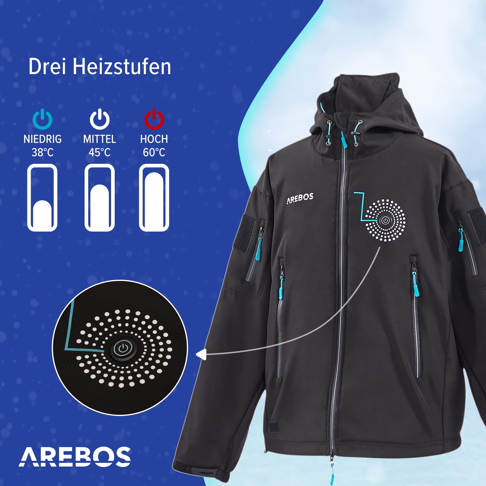 AREBOS Wodoodporna kurtka zimowa | ocieplana kurtka softshell | 7 stref grzewczych w tym power bank 10000 mAh | 3 poziomy ogrzewania | wiatroszczelna | unisex | 2XL