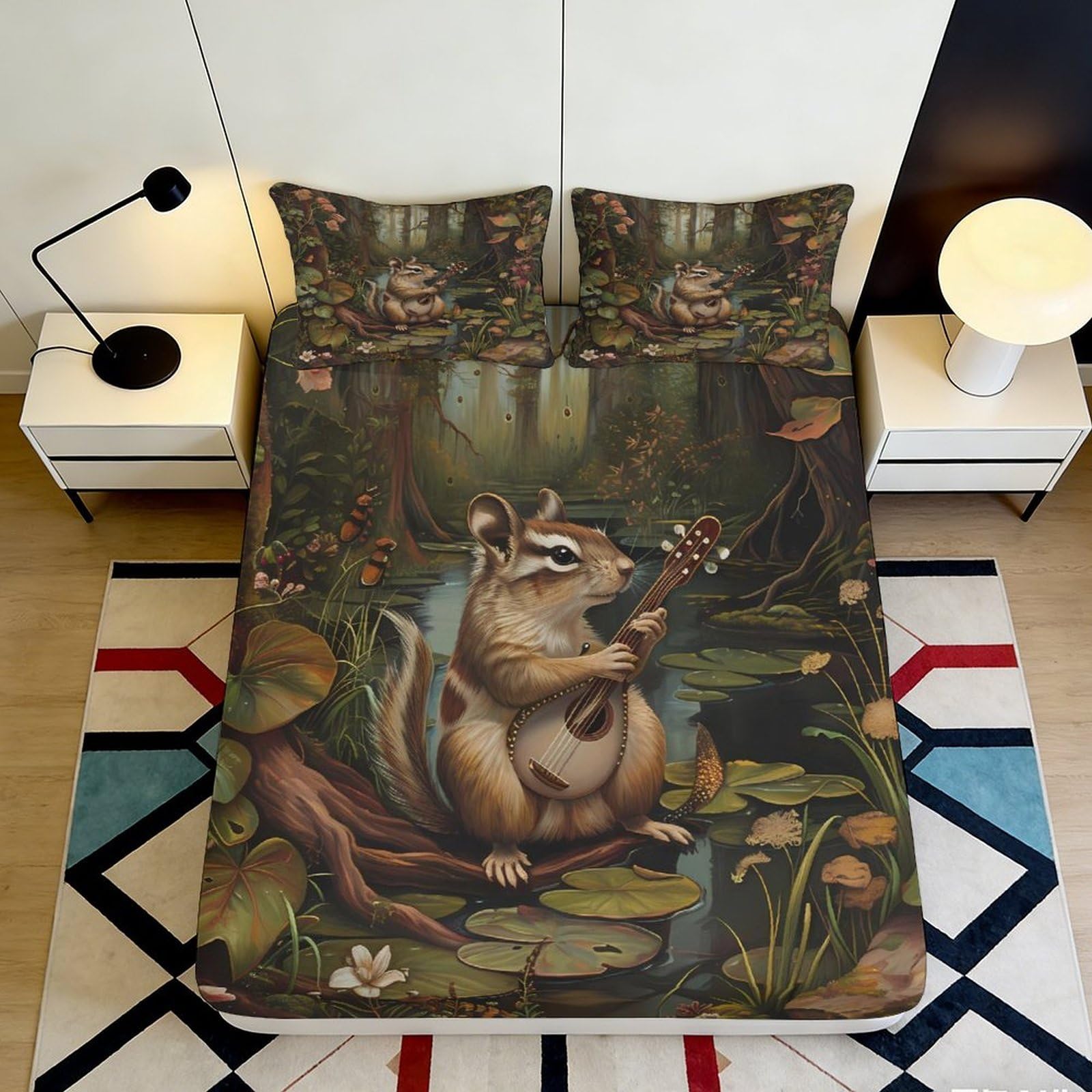 3D Printed Forest Squirrel Fitted Sheet Microfiber Soft Breathable Musical Rodent Bed Cover for Bedroom Dormitory Guest Room Mattress Protection 160x200x25cm