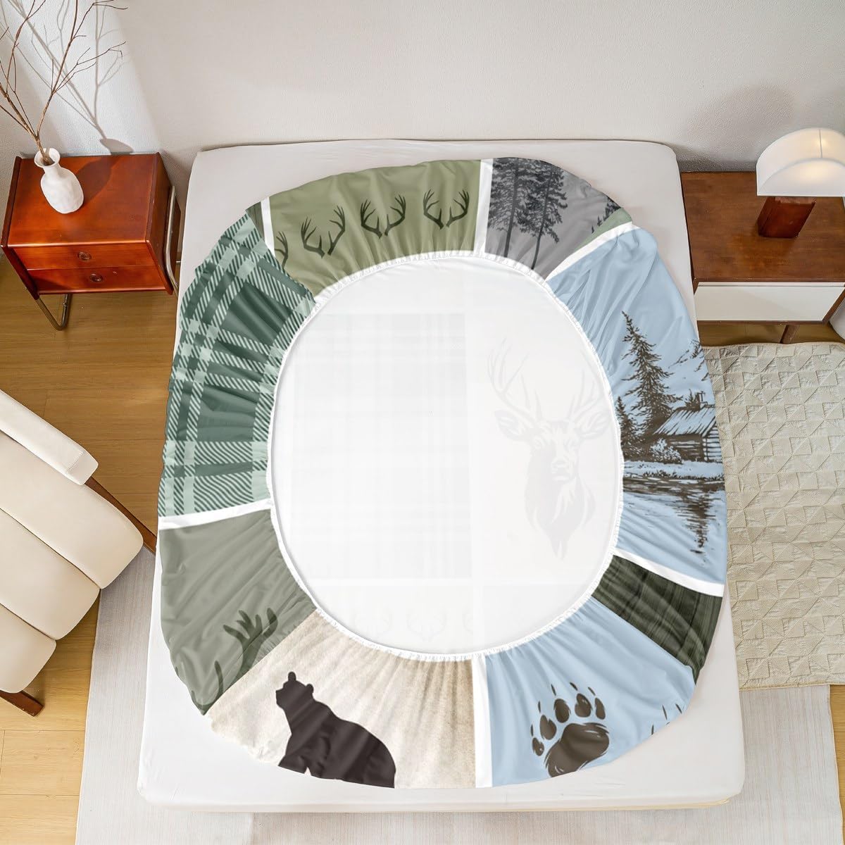 jejeloiu Rustic Cabin Deer Fitted Sheet Twin Size Kids Hunting Country Farmhouse Bedding Set for Boys Girls Teens Wild Animal Bed Sheets Set Deep Green Bed Cover