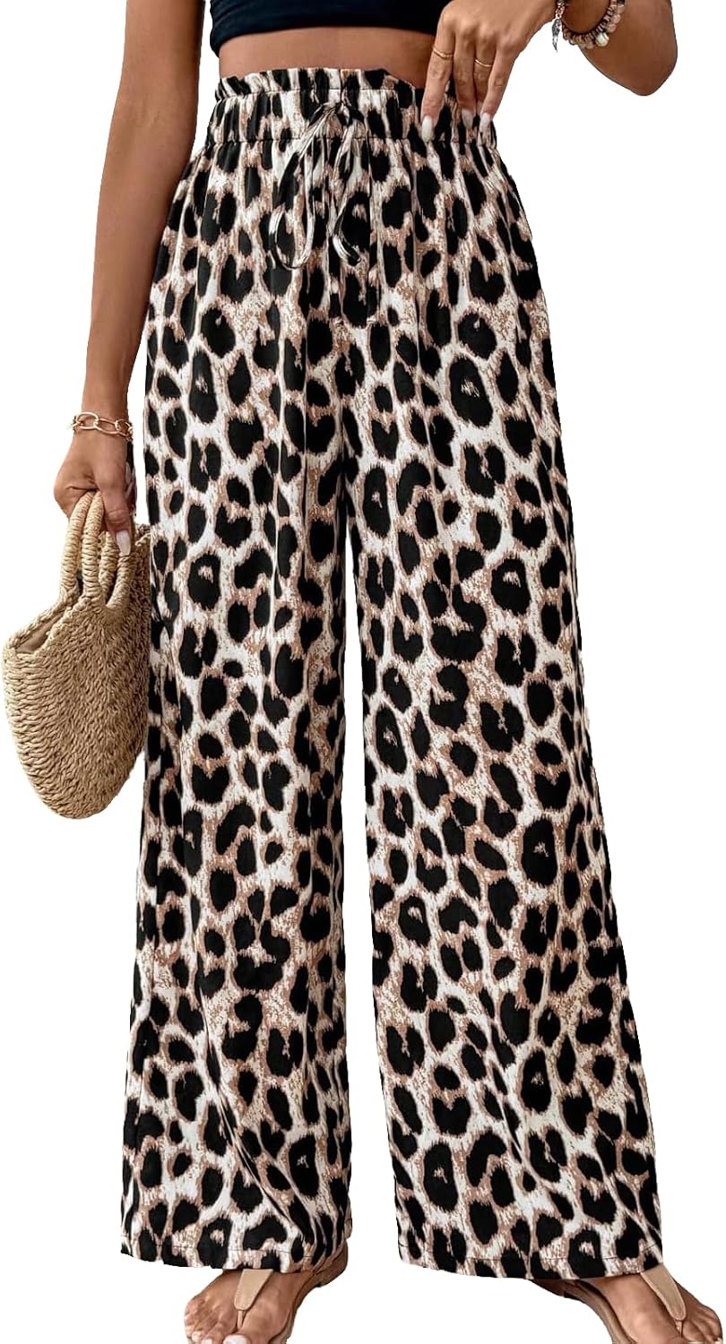 Women's Leopard Print Pants Cheetah Wide Leg Drawstring Casual Lightweight Pants for Beach Office Wear