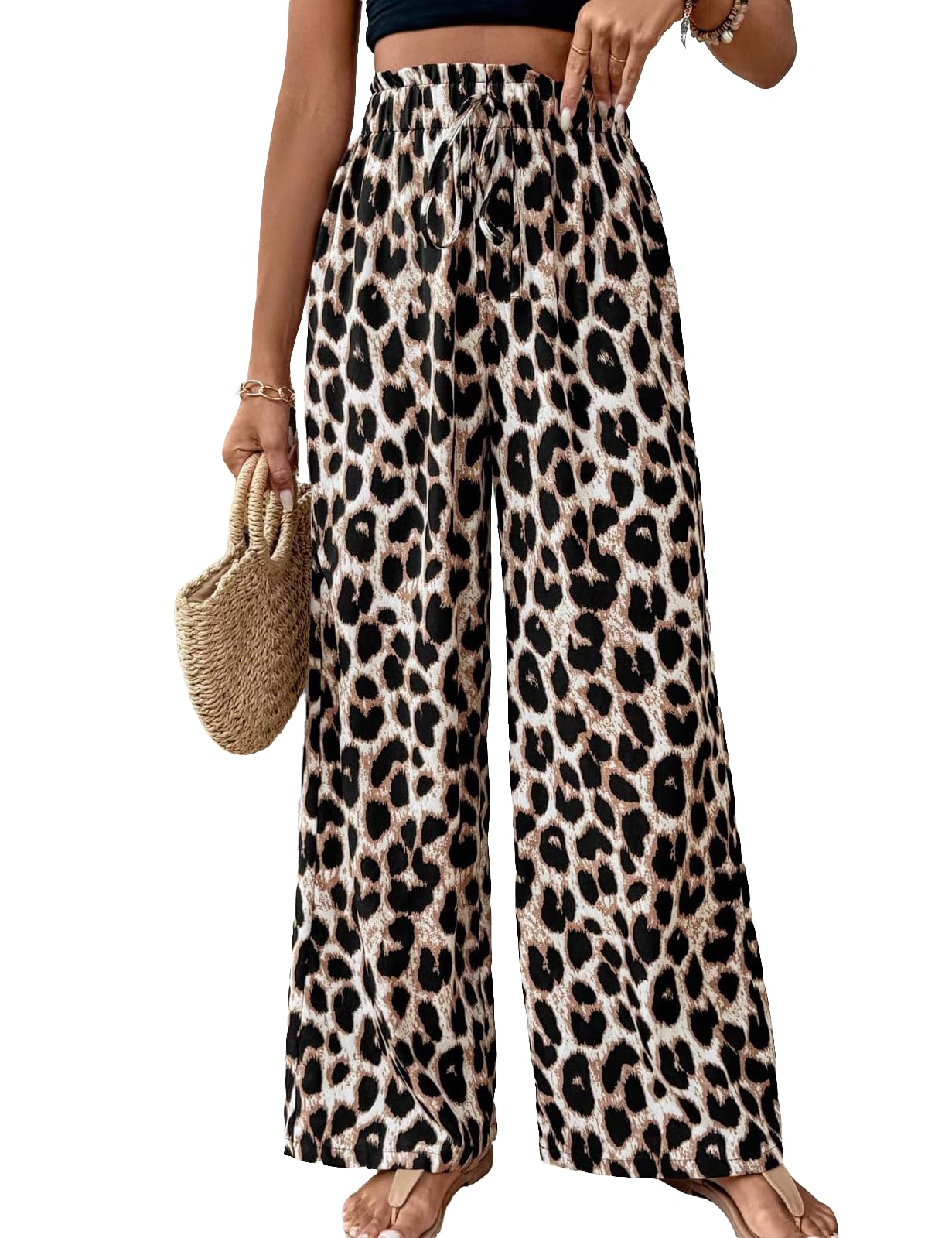 Womens Leopard Print Pants Cheetah Wide Leg Drawstring Casual Lightweight Pants for Beach Office Wear