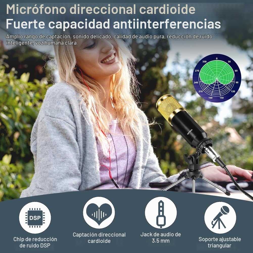 OFFCUP Paquete de Equipo de Podcast, Interfaz de Audio y Micrófono de Condensador con Trípode, Mezclador de DJ y Tarjeta de Sonido en Vivo para Podcast Transmisión Voz PC Smartphone
