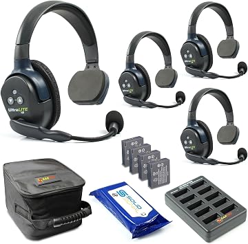 Eartec UL4S Ultralite HD Wireless Intercom Headset System, 4-Person Full Duplex, Single Ear, DECT Interference-Free, Up to 1000ft Range, Team Communication for Crews