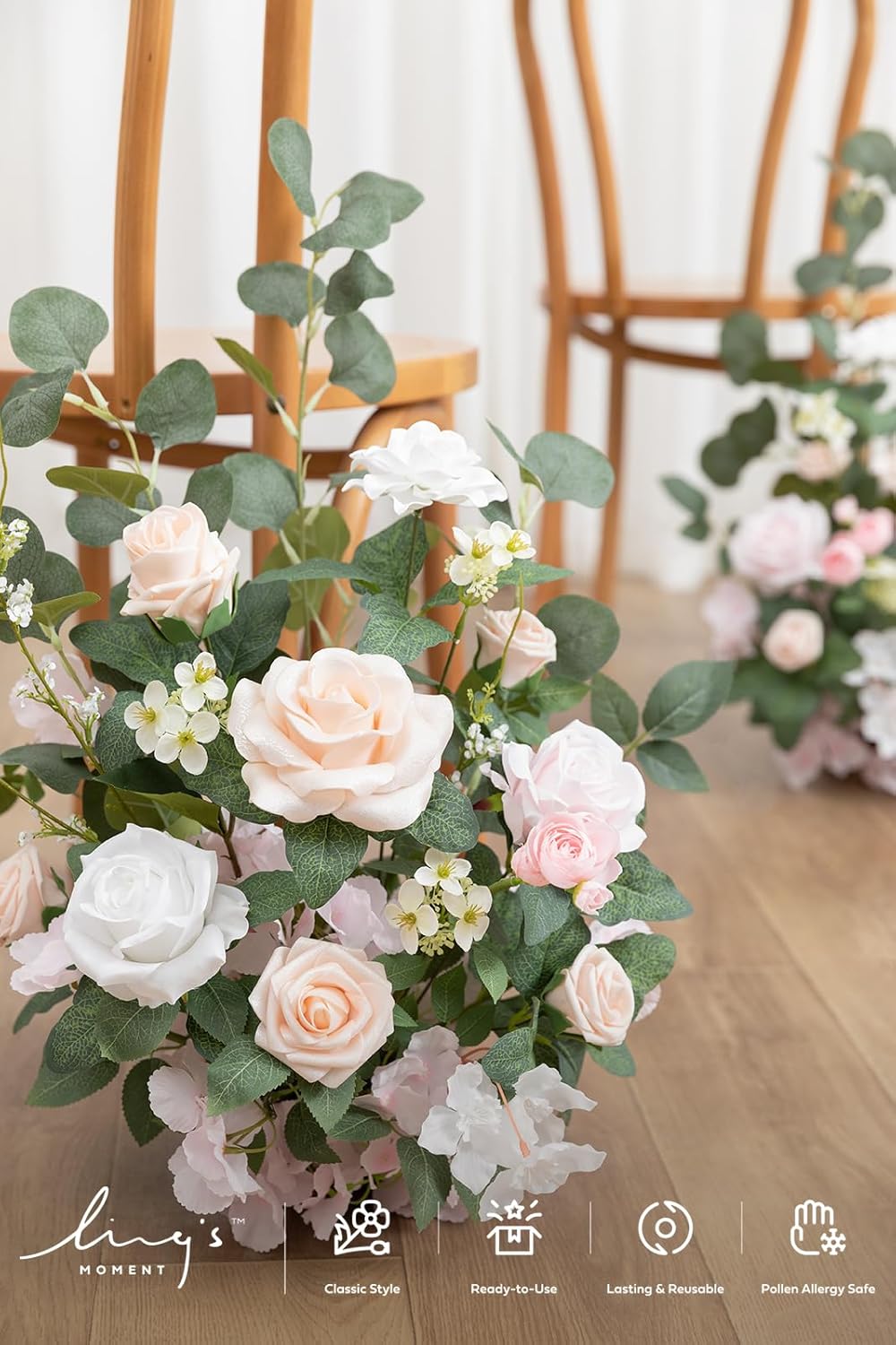 Ling's moment 17.5" Tall Free Standing Artificial Flowers Arrangements 2 pcs Wedding Aisle Runner Chair Decorations Blush & Cream Centerpieces for Ceremony Reception Rose Floral Floor Party Outdoor - Image 3
