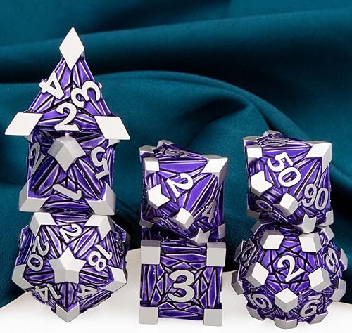 Miniatura 5 de ARUOHHA DND - Juego de dados de metal con fragmentos de cristal, dados D&D con caja de regalo, 7 dados poliédricos plateados y morados, juego de rol