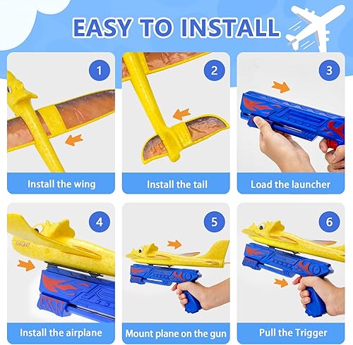 Miniatura 6 de Paquete de 3 juguetes lanzador de aviones dinosaurio, 2 modos de vuelo, planeador de espuma, catapulta de avión de juguete para niños, juguetes