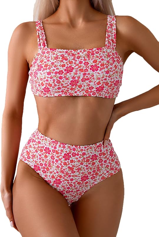 Fanuerg Traje de baño de dos piezas con estampado floral y tirantes anchos para mujer