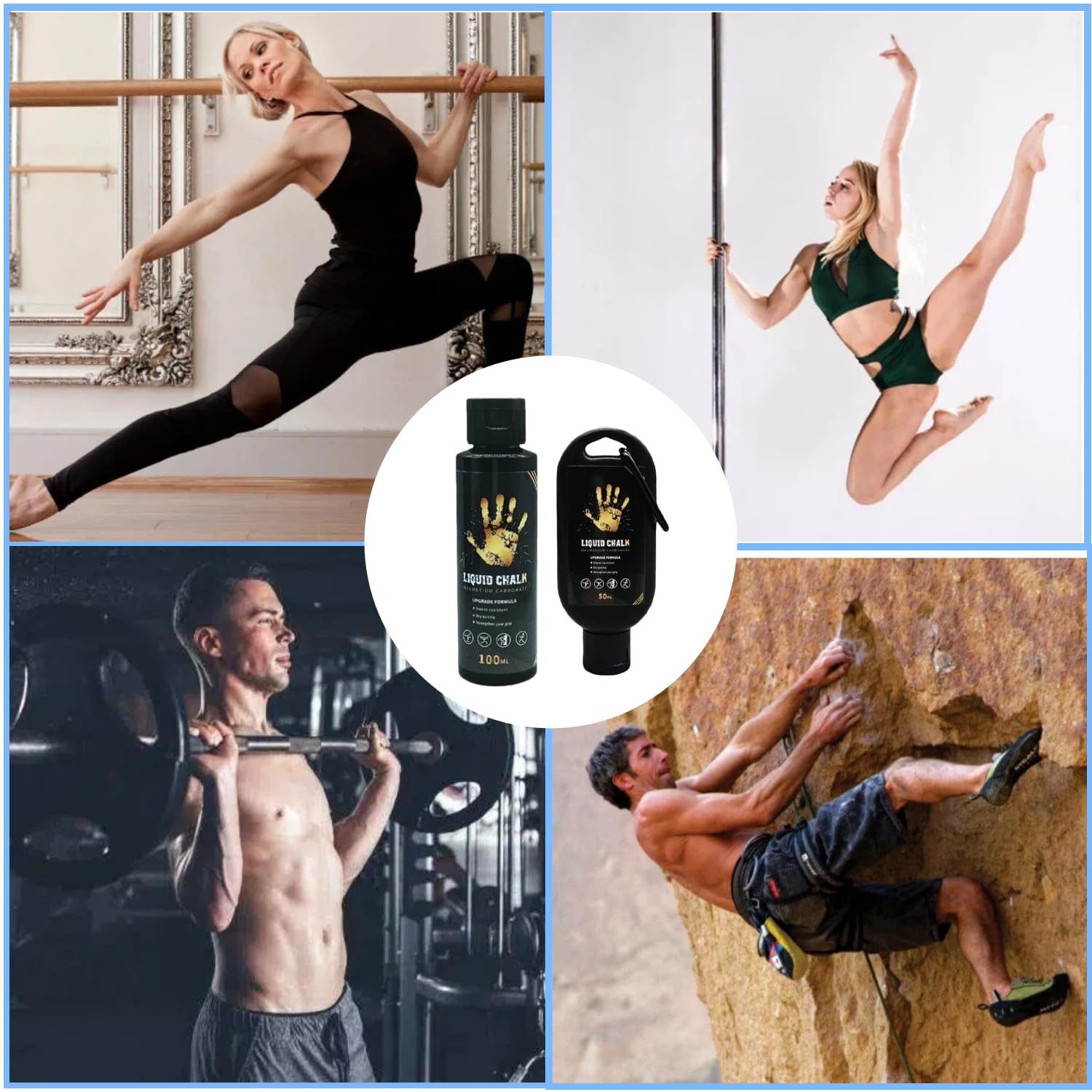 2 Piezas Magnesio Líquido, Liquid Chalk,Tiza Líquida,Apto para Gimnasio, Halterofilia, Pole Dance, Escalada, Gimnasia y Otros Deportes,Mejorar la Fuerza de Agarre,100ml + 50ml