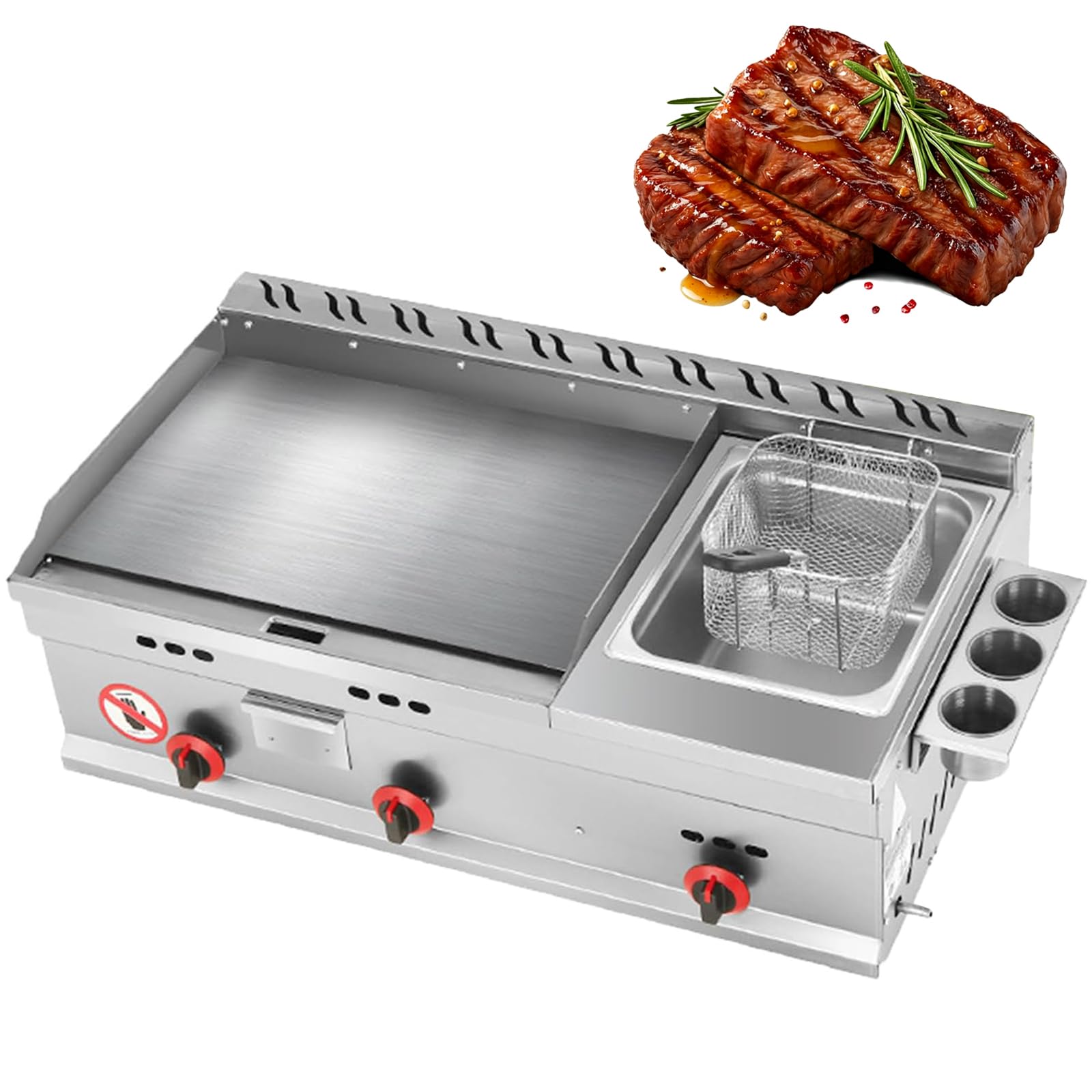 Piastra a gas commerciale, griglia da banco in acciaio inox con friggitrice, padella Teppanyaki con temperatura regolabile per ristoranti, catering e snack bar