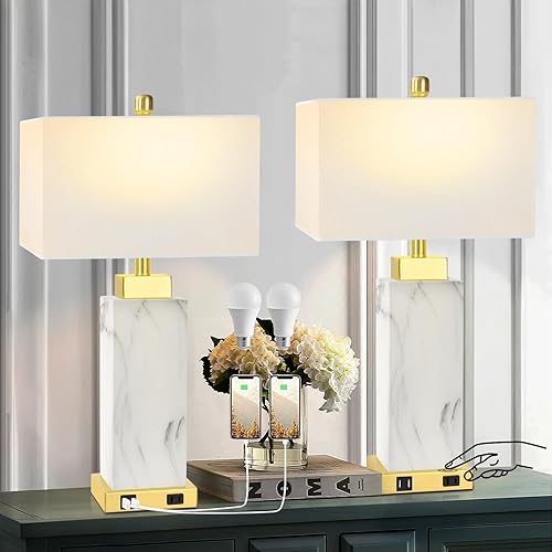 Juego de 2 lámparas de mesa con control táctil, lámpara de noche moderna y contemporánea con puertos USB, salida de CA, regulable de 3 vías, lámpara