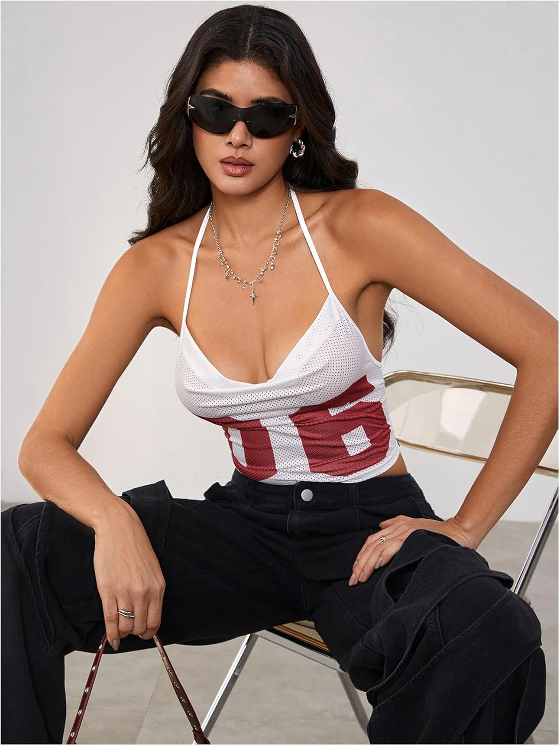 MakeMeChic Women's Y2k Jersey Shirts Letter Print Top Halter Top Draped Tie Backless Lace Up Tank Crop Tops - Image 4