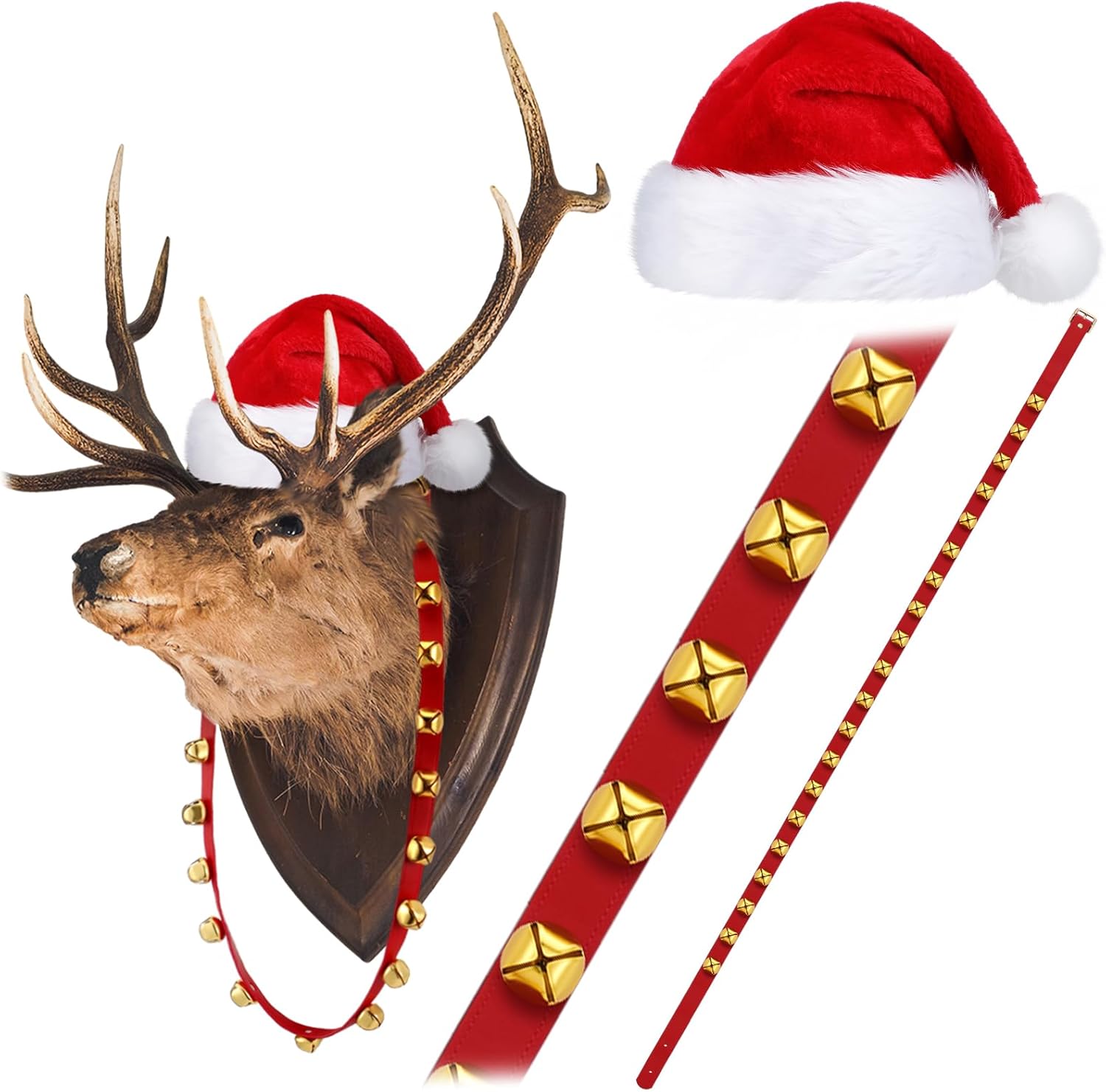 63 inch Red Christmas Sleigh Bells Strap with Hat Hanging Jingle Bell for Xmas Reindeer Horse Door Wreath Decor