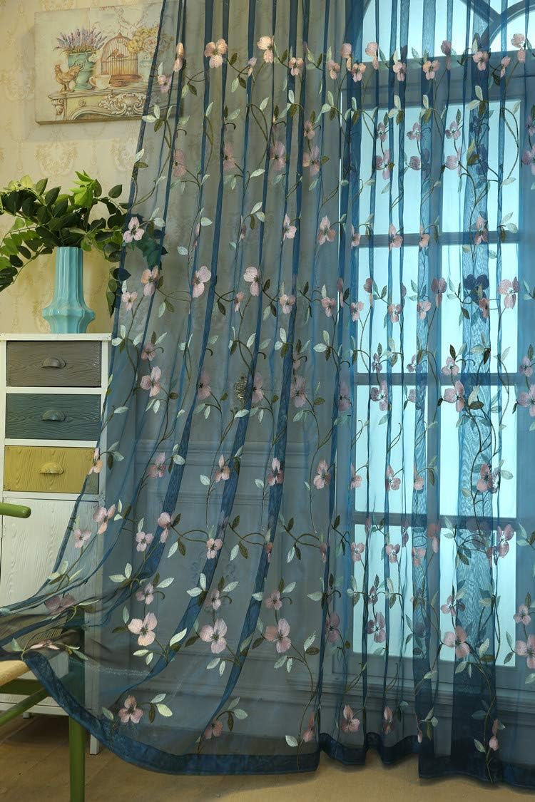 HooHero Blue Naturl Fresh Elily Floral Embroidered 52 Wide Sheer Curtains Kids Childern Room Decor Voile Liner Curtain