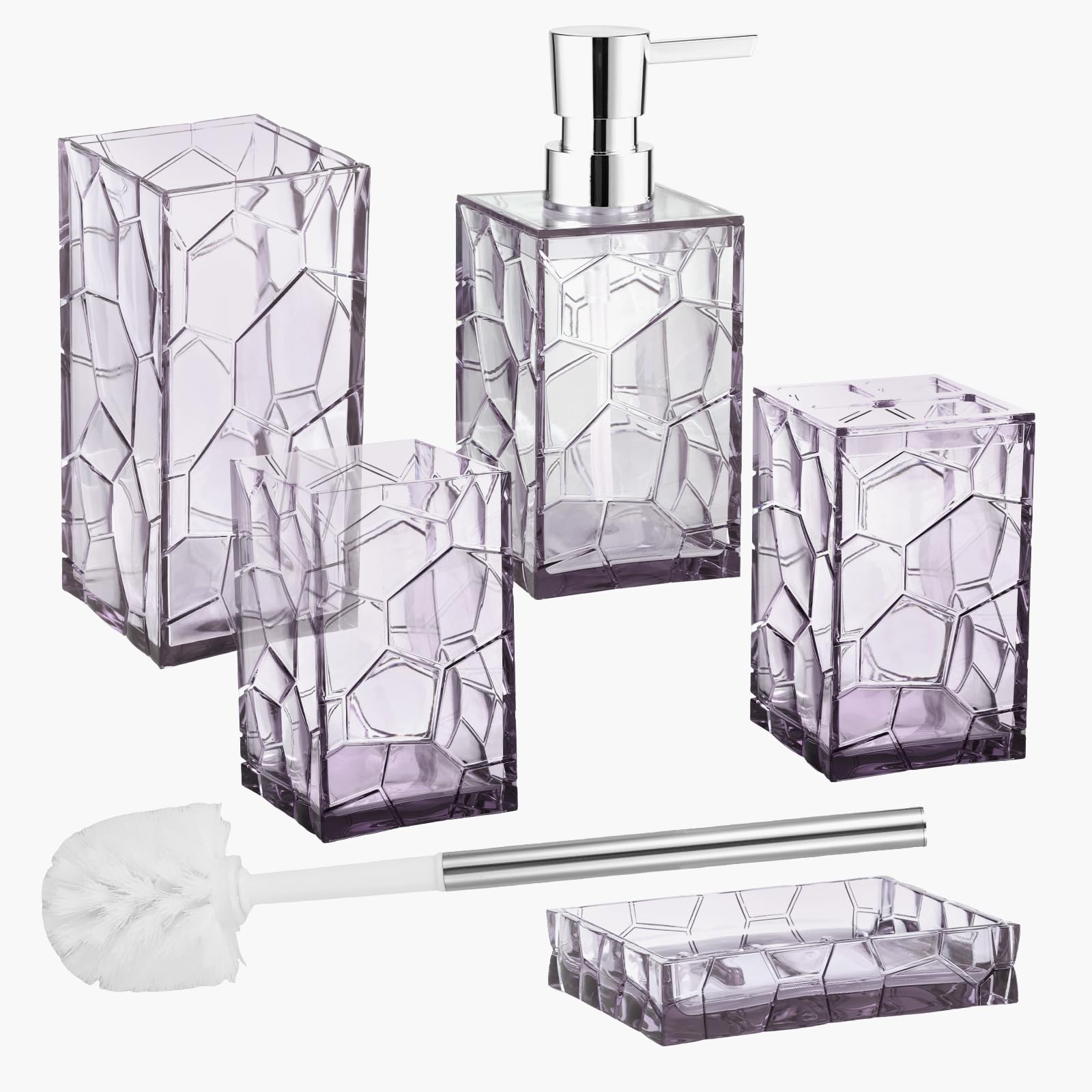 Qinglang Purple 5Pcs Bathroom Accessories Set Clear Acrylic Bath Accessory Sets Complete Includes Toothbrush Holder Soap Dispenser Cup Soap Dish Toilet Brush Easy To Clean Bathroom Counter Decor And Essentials