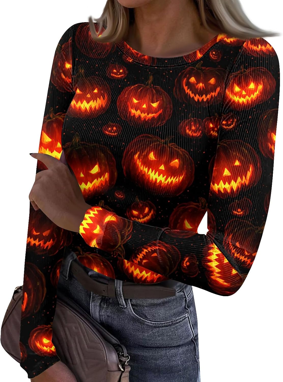 Womens Halloween Fall Long Sleeve Crewneck Graphic Shirt | Pajama Tops for Women, Womens Relaxed Fit T Shirts, Casual Tees for Women, Womens Work Clothes, Camisas Para