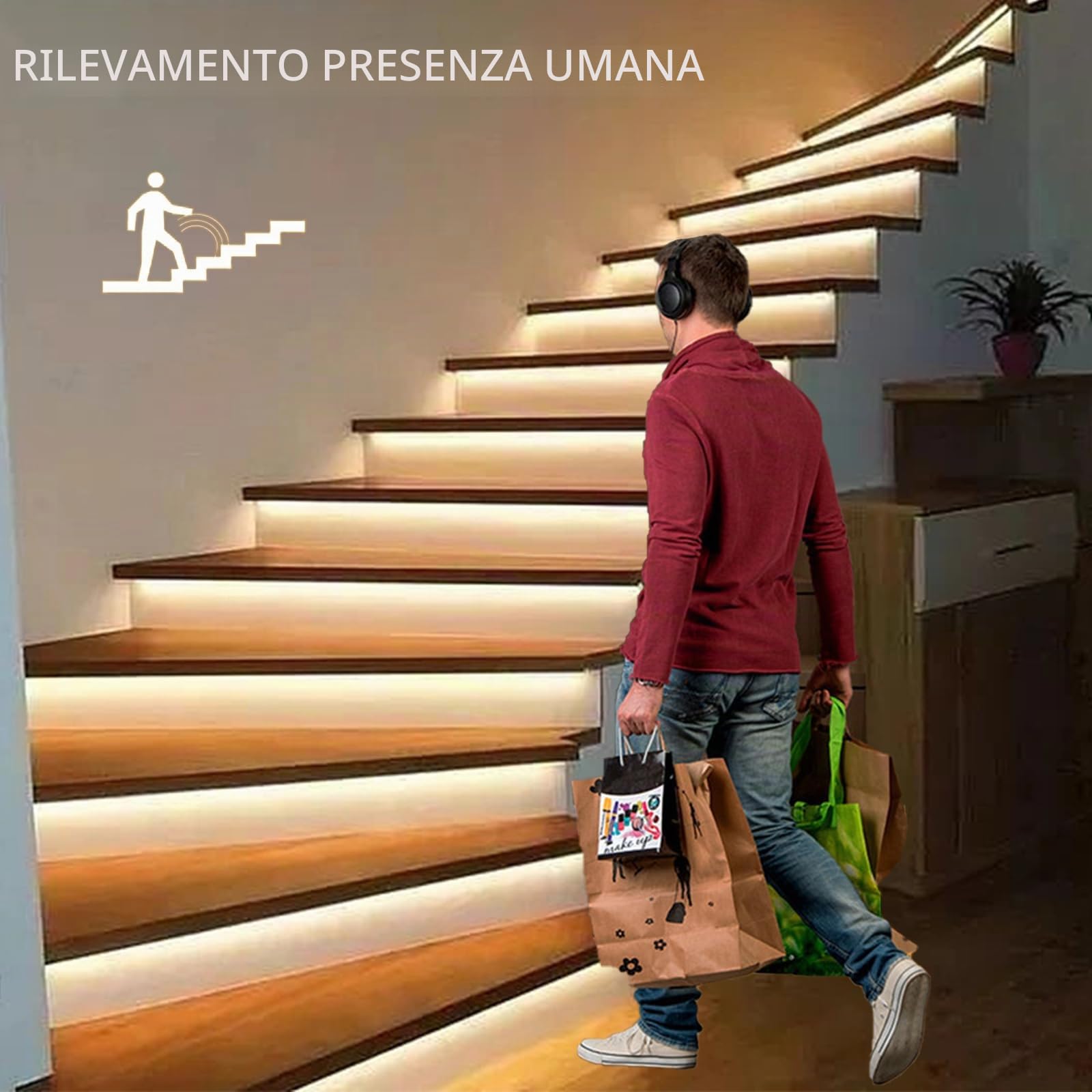 Illuminazione per gradini a LED con sensore di movimento, 20 livelli, set completo (luce calda 2700 K)