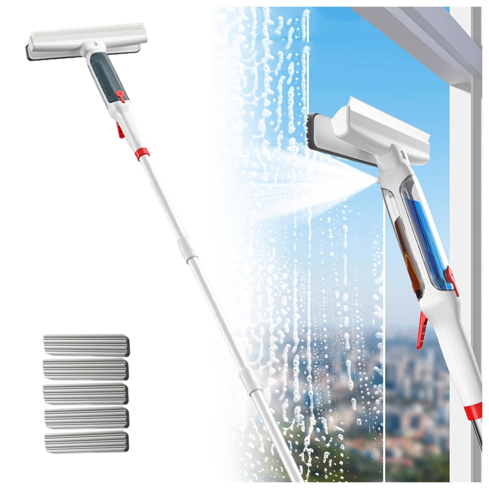 Spruzzo 4 in 1 Pulisci Vetri Telescopico Estensibile 41-190 CM, Lavavetri Professionale con Raccoglitore Acque Nere E 5 Panni Pulisci Vetri Telescopico per Finestre Alte Interno/Esterno