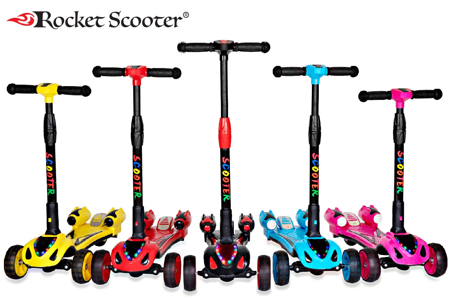The Original Rocket Scooter, Kids Kick Scooter, Music, 3 Colors Lighted Wheels, Spray Lights, Sturdy Steering Handlebar, Stable Board, Adjustable Height & Foldable Design