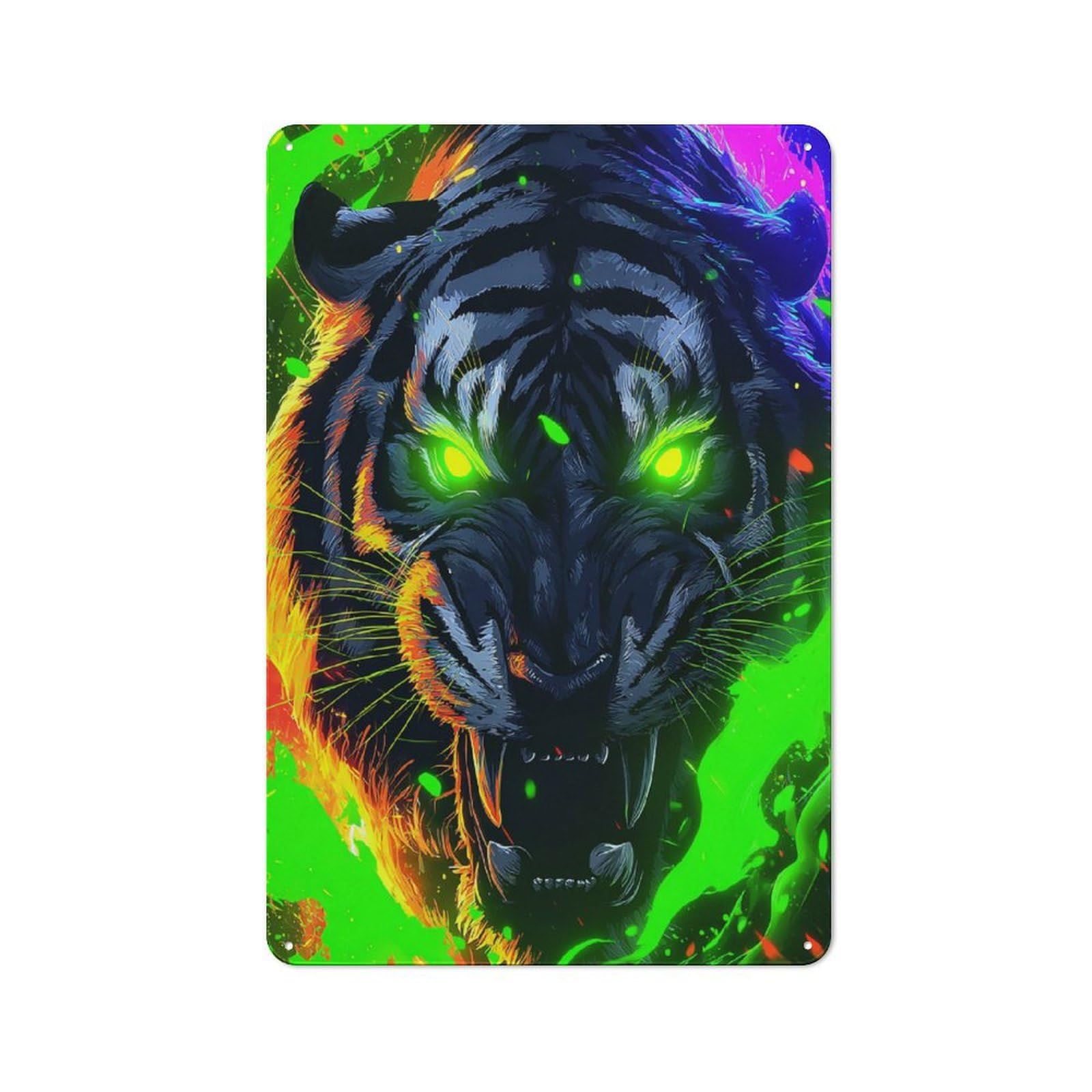 Junmoney Neon Tiger Fiery Artwork Retro Metal Wall Sign 30X20cm For Café Or Home Bar, For Home Bar Enthusiasts, For Retro Home Interiors