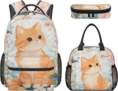 Aesthetic Flowers Kitty Print Girls Backpack Set, Animal Pattern
