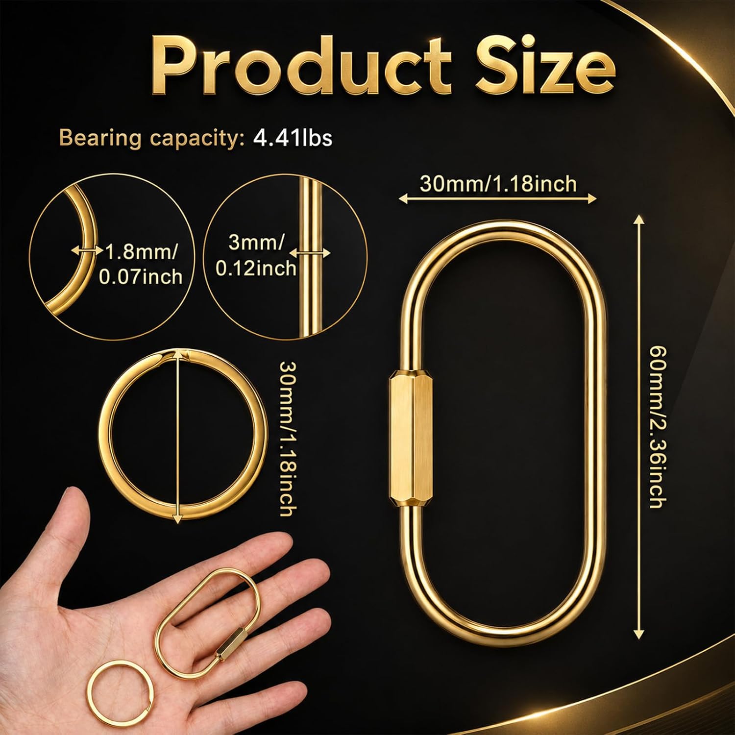 12 Pack Brass Carabiner Keyrings Gold Screw Lock Keychain image 2