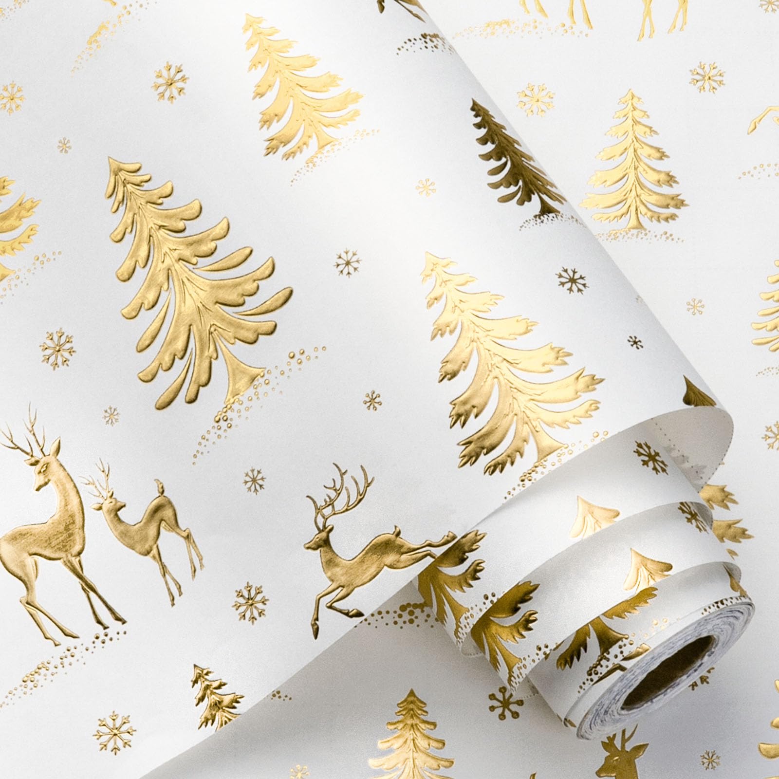 Burymento 3D Kraft Christmas Wrapping Paper, White and Gold Wrapping Paper
