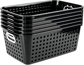 6 Pack Plastic Classroom Storage Baskets, Organizer Bins with Handle | Black Color 11" × 7.1" × 4.6" Medium Papers Book Storage Organizer for School Classroom Library Office Home Desktop Bookshelf