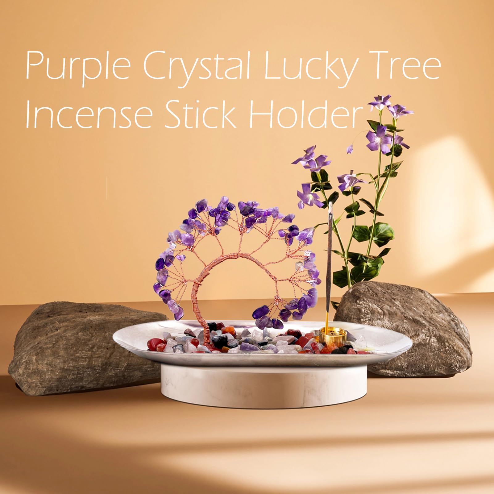 Incense Stick Holder with Natural Purple Amethyst Crystal Tree and Ash Catch Tray for Positive Energy Meditation, Yoga, Home Decor - Image 2