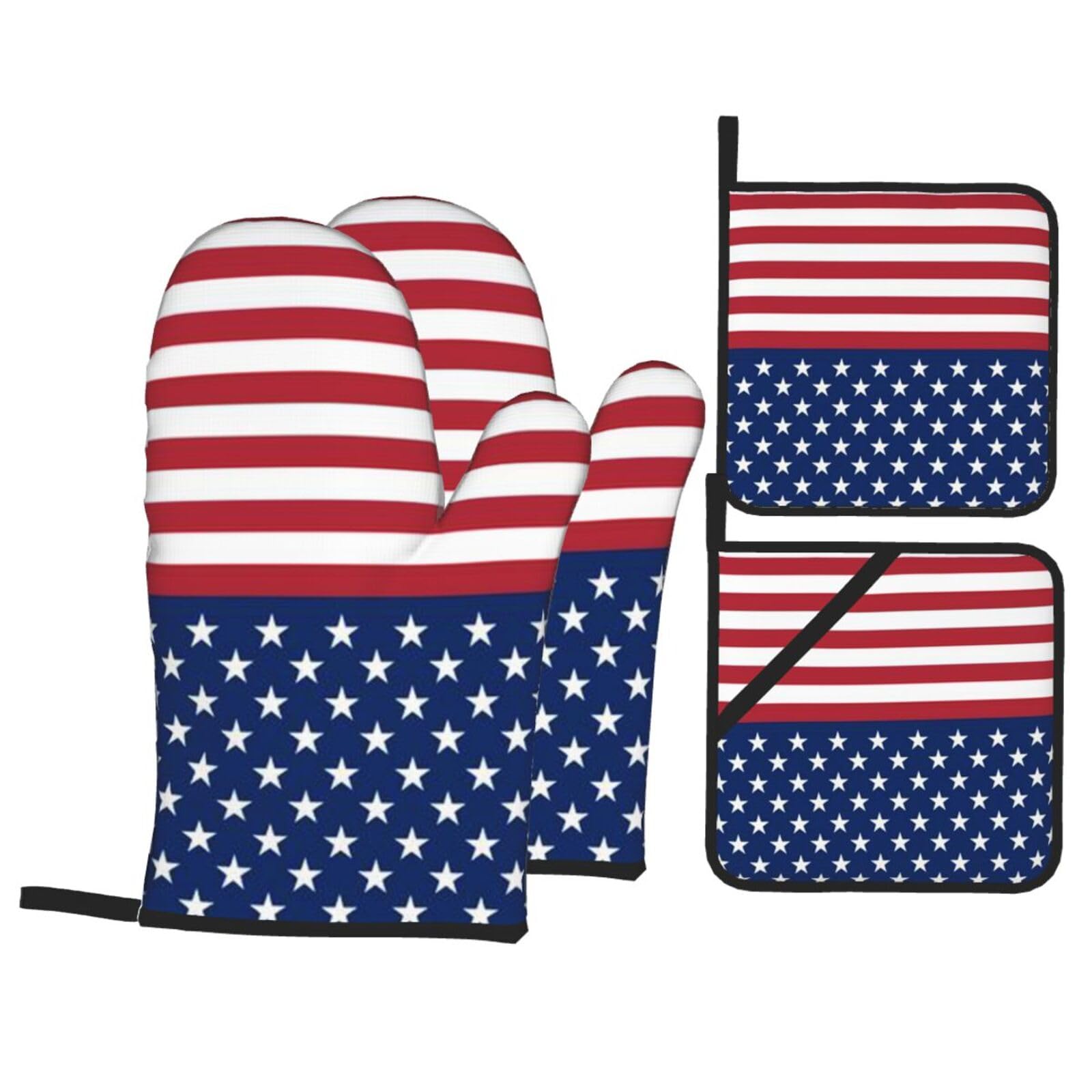 American Flag Stars Stripes Print Stylish Heat-Resistant Oven 4-Piece Set Kitchen Gloves Roasting Daily Cooking
