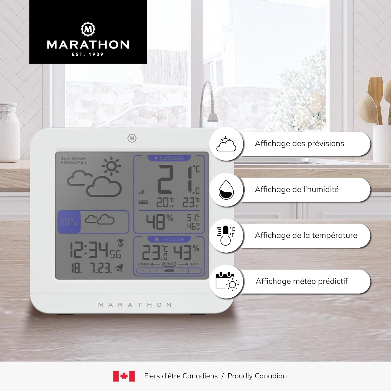 Marathon Paris Weather Station display with callouts for forecast, humidity, temperature, and predictive weather.